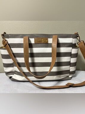 White Elm Aquila Tote Gray White Striped Canvas Diaper Work Bag Crossbody